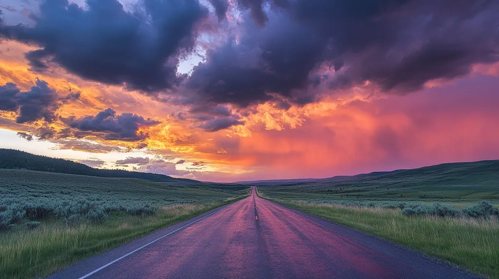 A long, straight road stretches through a vast, green field towards a dramatic sunset.  The sky is a breathtaking mix of purple, orange, and pink, with dark clouds casting shadows on the landscape. The sun dips below the horizon, creating a warm and inviting glow that illuminates the scene. The road is seemingly endless, inviting the viewer to explore the unknown.