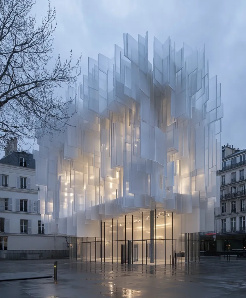 A modern building with a unique facade made of translucent panels, arranged in a seemingly random pattern, creates a sense of depth and light. The structure stands out against the backdrop of traditional buildings, casting a soft glow against the overcast sky. The wet pavement reflects the building's architectural details, adding to the overall ethereal atmosphere.