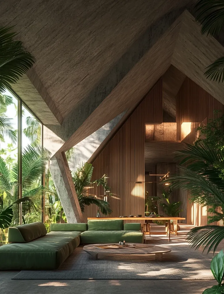 The image showcases a modern living space with a large, green sectional sofa, a wooden coffee table, and a lush jungle backdrop visible through expansive windows. The room features a distinctive concrete ceiling with a geometric design, and warm wood paneling on the walls adds a natural element. Sunlight streams through the windows, casting a warm glow over the contemporary interior.