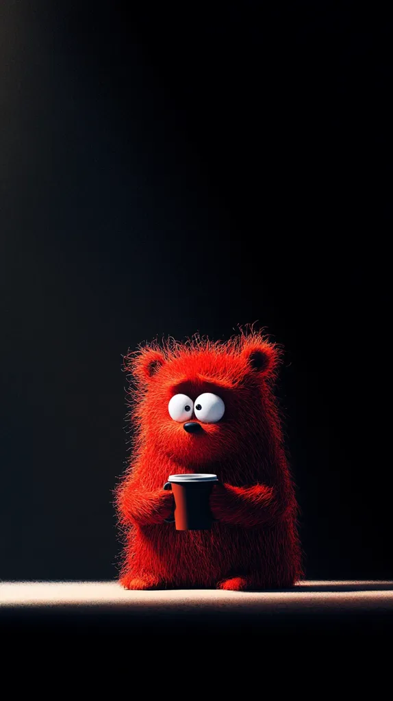 A red, furry creature with large, white eyes sits against a black background. It holds a red paper cup in its hands and looks directly at the viewer. The creature's fur is soft and fluffy, giving it a cuddly appearance. The image creates a sense of mystery and curiosity.