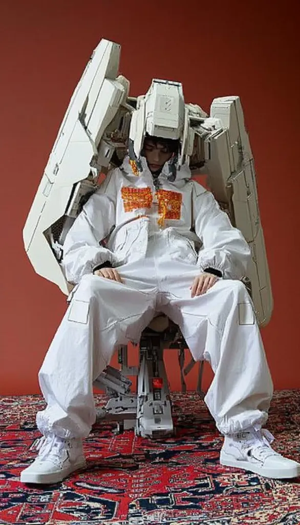 A person wearing a white jumpsuit sits in a large, white, mechanical structure that resembles a futuristic suit. The person's head is covered by a helmet and their chest is decorated with orange and white patterned fabric. The person's legs are extended, and their feet are wearing white sneakers. The structure is sitting on a patterned carpet, and the background is a plain red wall.