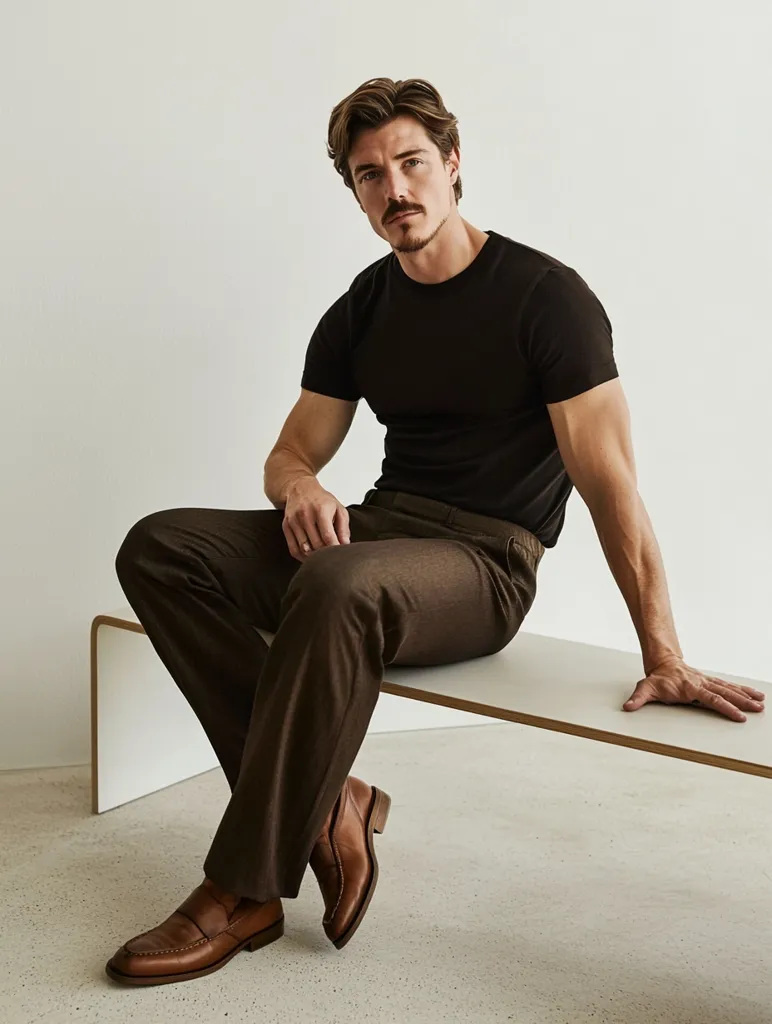 A man with short brown hair and a mustache is sitting on a white bench. He is wearing a black t-shirt, brown pants and brown leather loafers. He has a serious expression on his face and is looking directly at the camera. The background is a white wall.