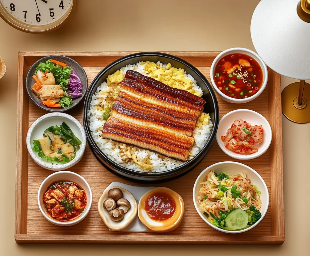 A wooden tray with a variety of Japanese dishes. The centerpiece is a bowl of rice topped with grilled eel, surrounded by smaller bowls of side dishes. The tray also includes a bowl of spicy sauce, mushrooms, and a clock. The image captures a vibrant and delicious meal that is ready to be enjoyed.