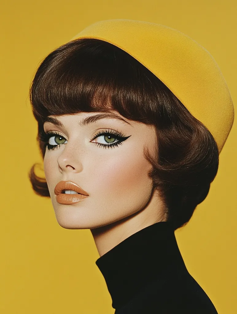 A woman with short, brown hair styled in a bouffant, wears a yellow beret and black turtleneck. She gazes to the side with a stoic expression. Her makeup is dramatic, with thick black eyeliner and soft, peachy lips. The yellow background and her dark features create a striking contrast.  The overall aesthetic is retro and stylish.