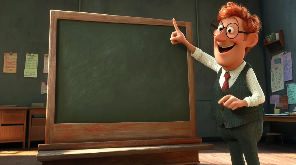 A cartoon teacher with red hair and glasses points at a blank chalkboard. He is wearing a grey vest, a white shirt and a red tie. He is standing in front of a wooden desk with a wooden floor behind him. There are some papers on the walls and a shelf in the background. The image is a funny depiction of a teacher ready to share knowledge.