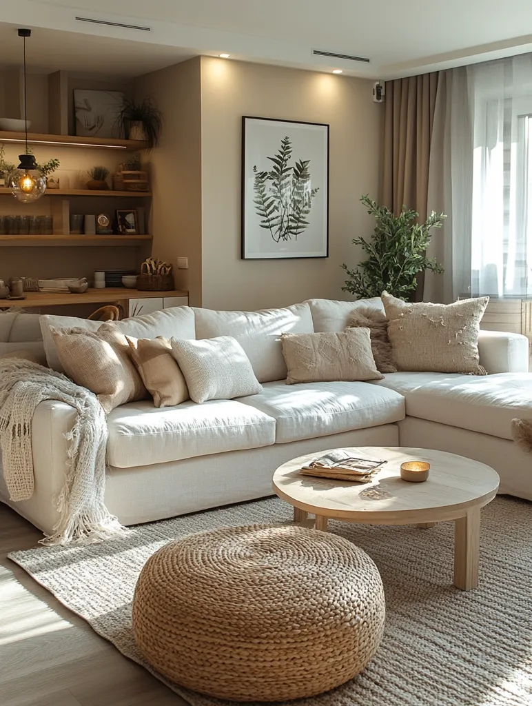 A white sectional sofa sits in a living room with a large window, white curtains and a light brown rug.  A coffee table sits in front of the sofa with a woven ottoman to the left.  A framed print of ferns hangs on the wall behind the sofa.  The room is decorated in a neutral color scheme with natural textures.  The overall feeling is one of peace and tranquility.