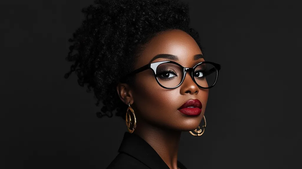 The image shows a close-up portrait of a Black woman with short, curly hair. She is wearing black framed glasses and large gold hoop earrings. Her lips are painted a bright red, and her eyes are looking to the right of the frame. The background is a dark, solid color.