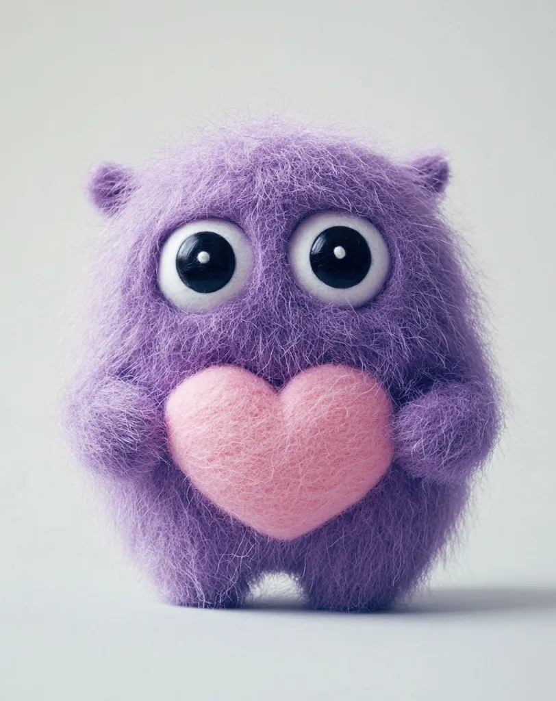 A fuzzy purple creature with large black eyes holds a pink heart in its furry arms. The creature has a soft, cuddly appearance and stands against a plain white background. The image evokes feelings of love and affection.  It is a cute and whimsical illustration.