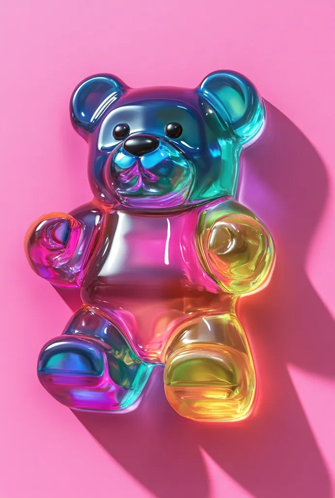 A vibrant, iridescent gummy bear in the shape of a teddy bear sits on a bright pink surface. The gummy bear is a rainbow of colors, with its translucent body shimmering with hues of blue, green, yellow, and purple. It casts a playful shadow on the surface, adding to the whimsical feel of the image.