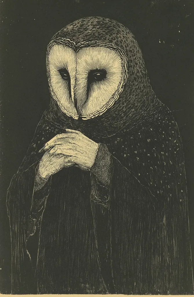 A black and white illustration of an owl with its head tilted down, partially obscured by a large, dark cloak. The owl's eyes are large and round, with a distinct yellow iris. The owl has a serious, almost solemn expression. The image is drawn in a detailed, almost scratchy style, suggesting a woodcut. The background is black, creating a stark contrast with the owl's white face. The image evokes a sense of mystery and intrigue.