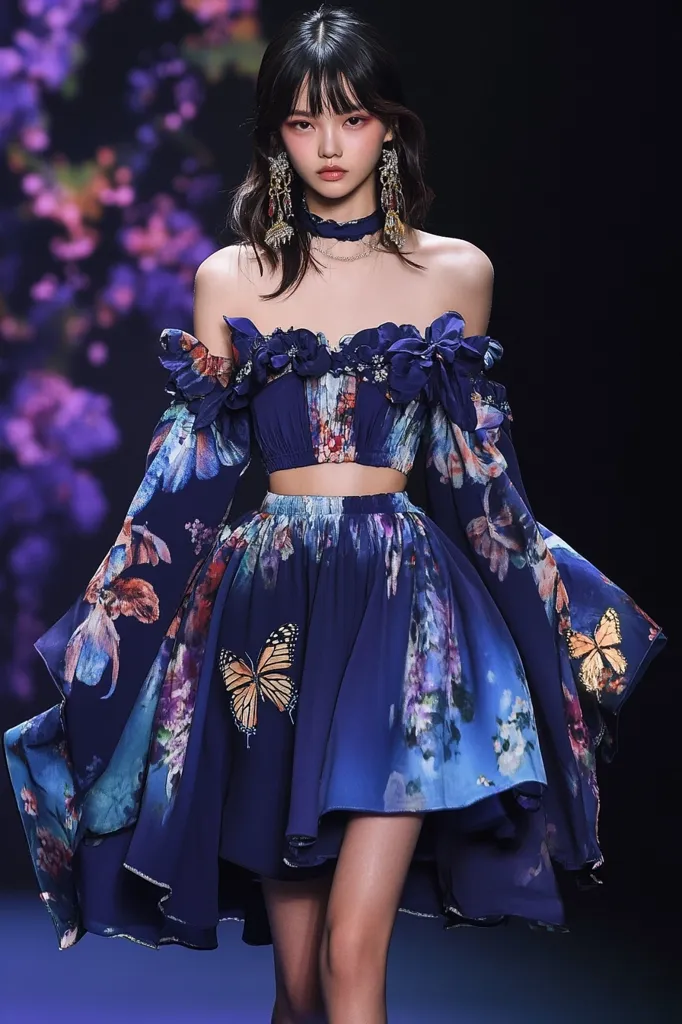 A young woman with dark hair and a pale complexion models a striking blue and floral dress with a plunging neckline and large butterfly motifs. The dress is off-the-shoulder, with long, flowing sleeves that are cinched at the wrist. The model is wearing delicate jewelry, including large dangling earrings and a thin choker. She is walking down a runway, with a blurred background of purple flowers. The overall effect is one of ethereal beauty and femininity.