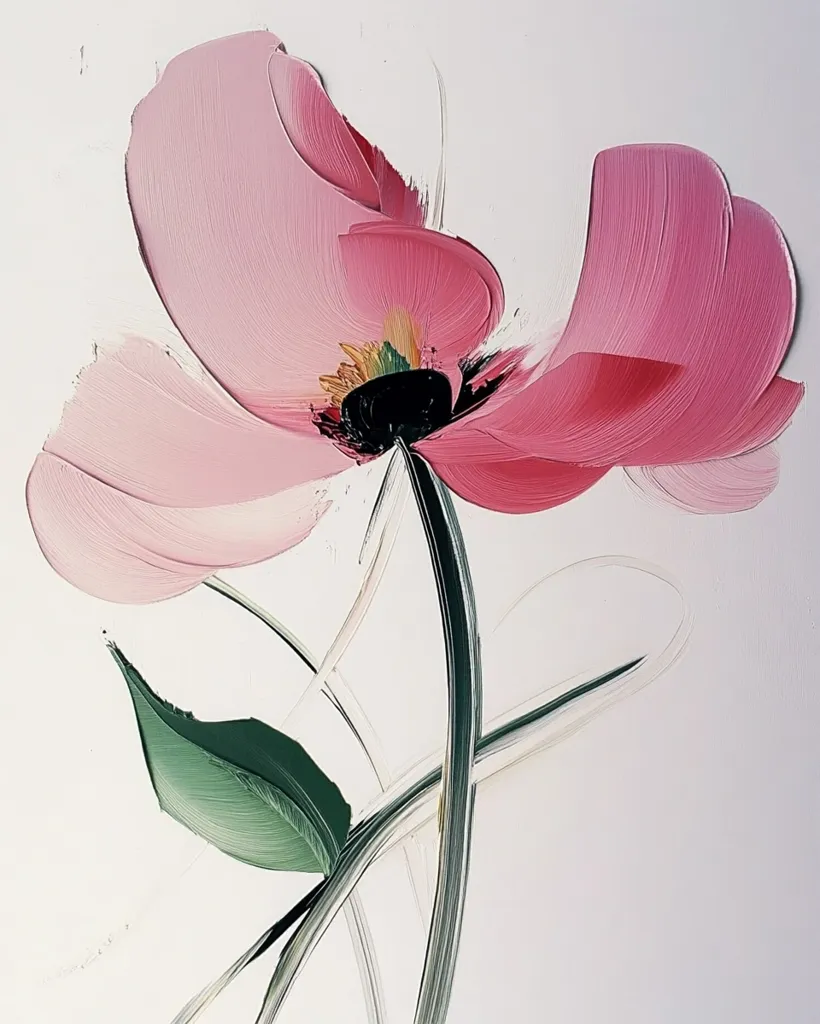 A stylized painting of a single pink flower with a black center and green leaves. The flower has two large petals and a smaller one behind it. The petals are painted with long strokes of color, giving the flower a soft, flowing appearance. The painting is done in a minimalist style, with a white background and simple lines. It has a delicate and feminine feel.
