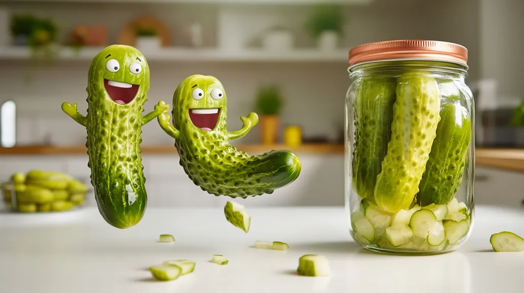 Two cartoon pickles with smiling faces are jumping in the air.  One is holding its arms up in celebration, while the other is holding its arms out to the side.  A jar of pickles is sitting on the table in front of them, and there are pickle slices scattered around.  The image is a playful take on the idea of pickles and is sure to bring a smile to anyone's face.