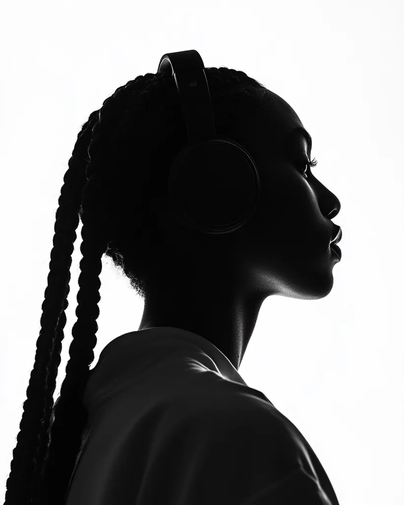 A silhouette of a woman wearing headphones, with her long braided hair falling down her back. She is looking to the right, and her face is peaceful and relaxed. The image is in black and white, and the background is a solid white.  The lighting is soft and subtle. The image conveys a sense of peace and tranquility.  It is a simple image, but it is effective in its portrayal of the woman and her state of mind.