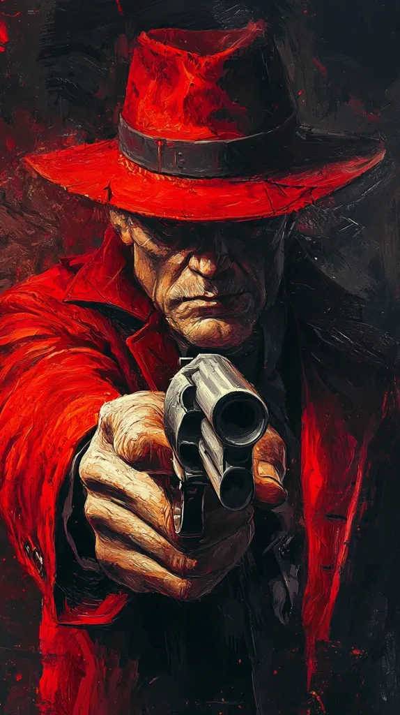 The image depicts a man in a red fedora and coat, holding a revolver in his right hand, pointed towards the viewer. The man's face is obscured by the shadow of his hat. The background is dark and blurry, with hints of red and black. The overall tone of the image is menacing and threatening. The painting is in a loose style, with brushstrokes and textures visible.
