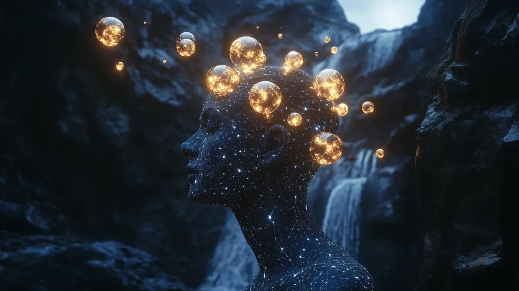 A stylized human figure, made of twinkling points of light, stands with their head tilted back and eyes closed. They are surrounded by luminous orbs that float and glimmer around them. The figure is set against a backdrop of a dark, rocky canyon with a waterfall cascading down its side.  The scene evokes a sense of serenity and mystery, suggesting a connection to the cosmos.