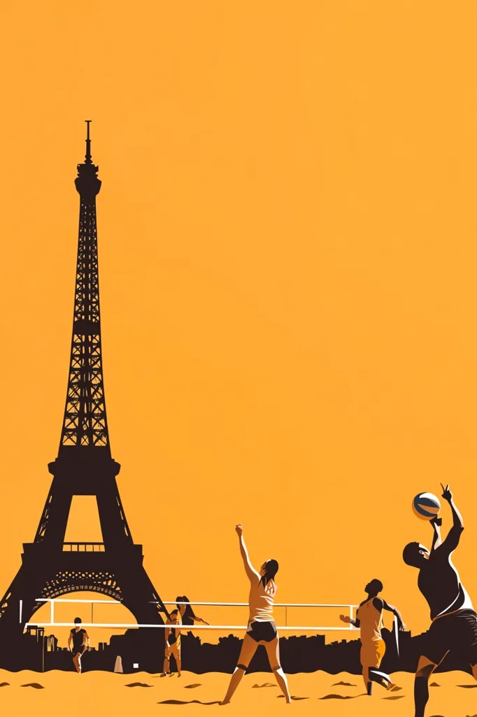 A silhouette of the Eiffel Tower stands tall against a bright orange sky. In the foreground, a group of people play volleyball on a beach. The silhouettes of the players are visible against the bright background, creating a dynamic and playful scene. The image evokes a sense of summer fun and relaxation in the iconic city of Paris.