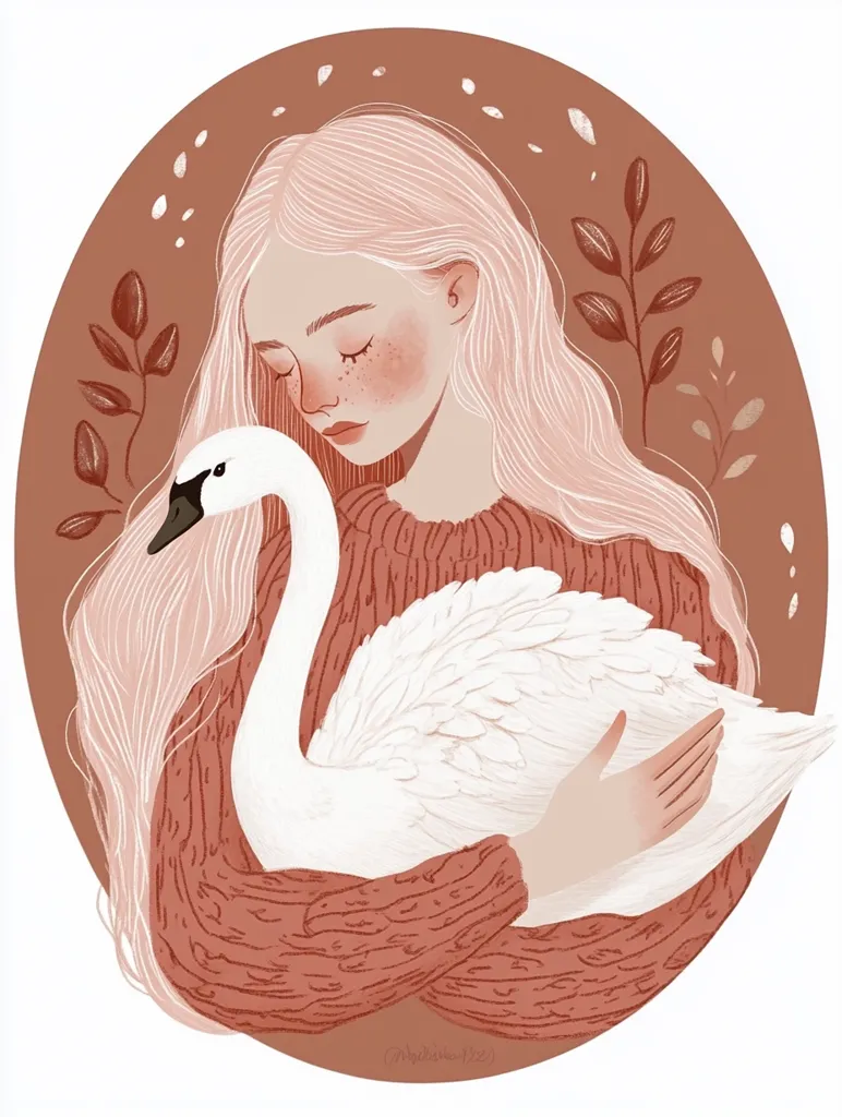 The illustration shows a young woman with long, flowing blonde hair, wearing a red knitted sweater and holding a white swan in her arms. Her eyes are closed and her expression is calm and serene. The swan rests its head on her shoulder. The background is a soft brown color with delicate floral elements. The image evokes a sense of peace and tranquility.