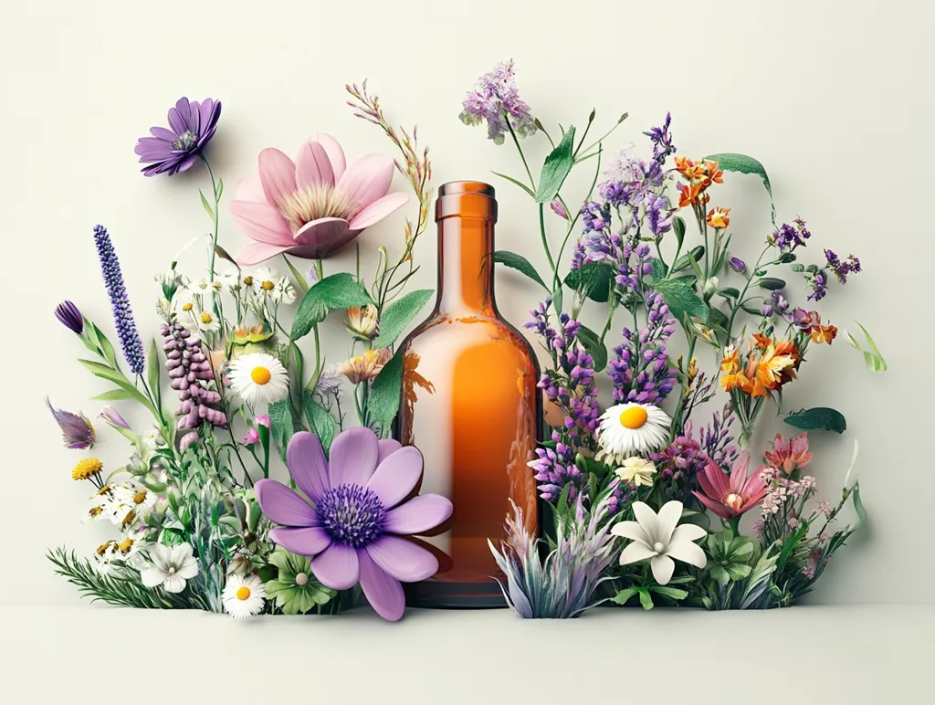 A glass bottle of amber liquid sits nestled amongst a vibrant array of wildflowers, including purple, white, pink, and yellow blooms. The flowers are arranged in a half-circle around the bottle, creating a sense of natural beauty and tranquility. The simple white background highlights the colorful floral arrangement.