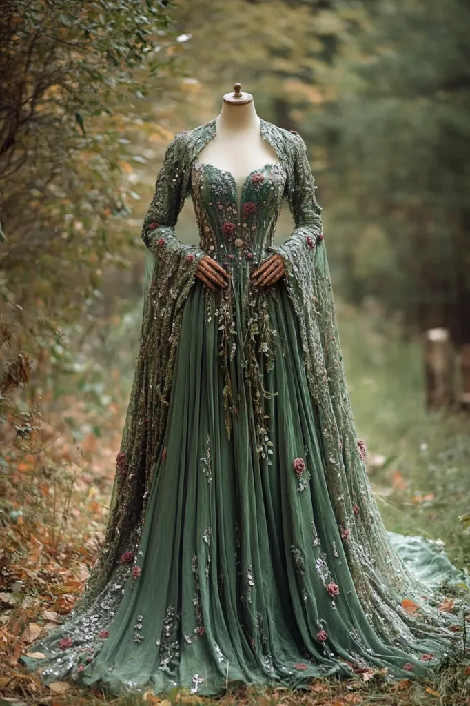 A stunning, green, floor-length gown with long, flowing sleeves, adorned with delicate floral embellishments and sequins, stands on a mannequin in a forest setting. The dress creates a whimsical and elegant look, evoking a sense of fairytale enchantment. The soft fabric and intricate details create a captivating visual that draws the viewer's eye. The surrounding foliage provides a natural and enchanting backdrop, enhancing the overall allure of the gown.