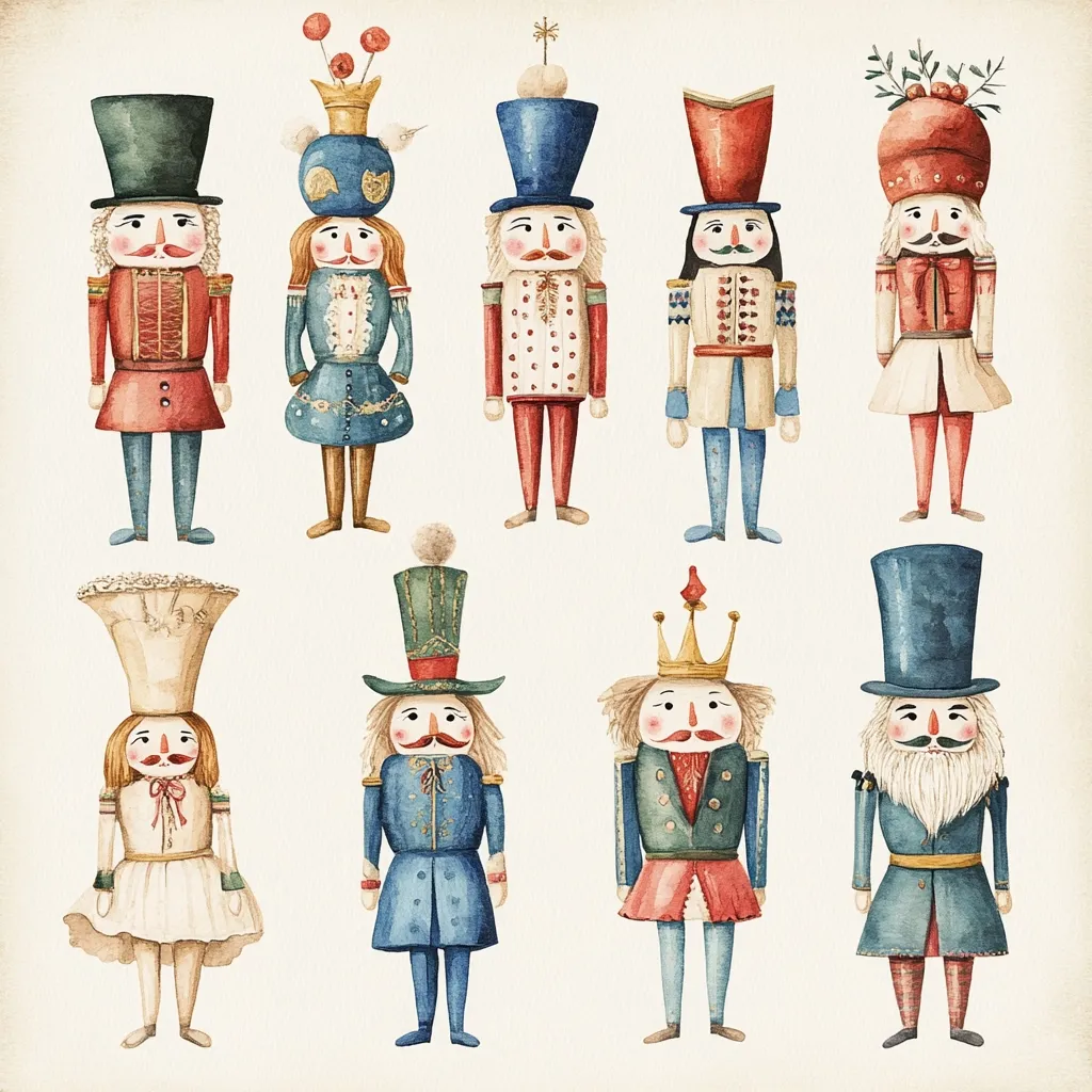 Nine watercolor nutcracker figurines are depicted against a white background. Each nutcracker is unique, with varying hats, facial expressions, and outfits, including a charming figure in a white dress with a chef's hat.