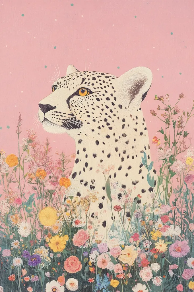 A cheetah with black spots peeks over a field of colorful wildflowers. The cheetah's face is turned slightly to the left, and its amber eyes are focused on something beyond the frame. The background is a soft pink with a subtle dusting of tiny white dots. The image is both playful and elegant, with a whimsical feel.