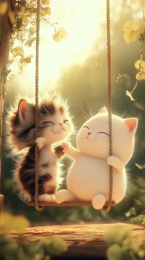 Two adorable cartoon cats, one tabby and one white, are sitting on a rope swing. The tabby cat is on the left, holding onto the rope with its paws, and the white cat is on the right, with its head resting on the rope. Both cats are smiling and looking happy. The background is a blurry, golden yellow, suggesting a warm, sunny day. The scene is idyllic and cheerful, evoking a sense of joy and friendship.