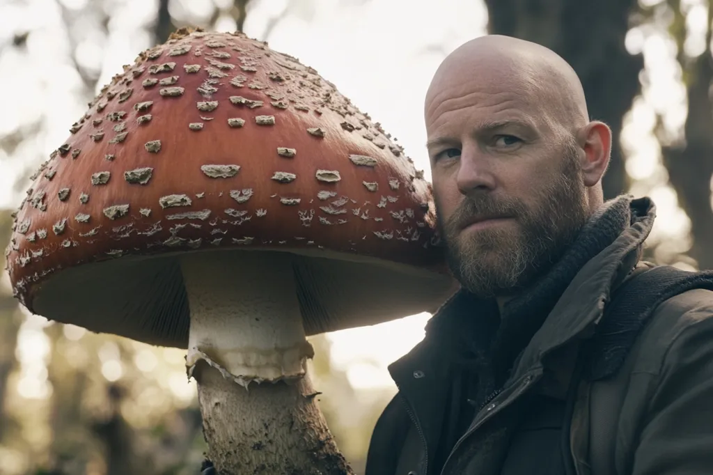 A bald, bearded man with a serious expression holds a large, red and white spotted mushroom in front of his face. The background is blurry, suggesting a forest setting. The man's dark jacket and the mushroom's striking color create a visually interesting contrast.