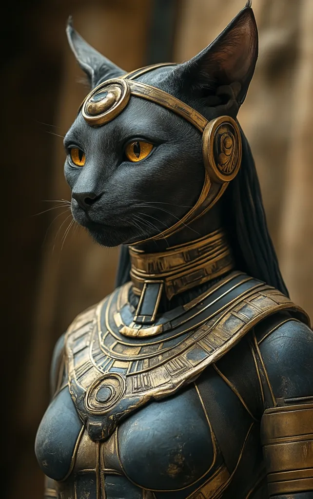 The image depicts a black cat with golden eyes, adorned in intricate golden armor and a headpiece. The cat's piercing gaze and regal posture suggest a powerful and ancient being. The intricate details of the armor, including the geometric patterns and the circular accents, evoke a sense of Egyptian mythology and the goddess Bastet. The overall image creates a striking contrast between the soft fur of the cat and the hard, metallic armor, suggesting both strength and beauty.  The cat's piercing gaze and regal posture suggest a powerful and ancient being.