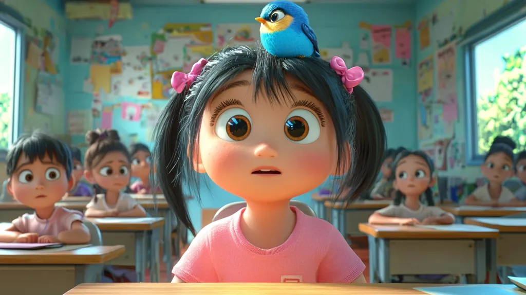 A young girl with large eyes and a blue bird perched on her head sits at a desk in a classroom. She looks surprised and confused, while the other children in the classroom are looking at their desks. The classroom is brightly lit and there are posters on the walls. The girl's pigtails are tied with pink ribbons. The scene is from an animated film.