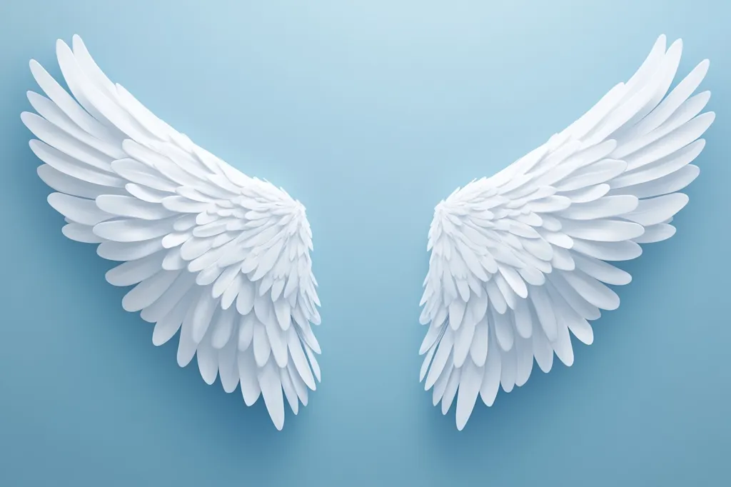 The image shows a pair of white, feathery angel wings against a light blue background. The wings are intricately detailed, with each feather delicately rendered. They are spread wide, creating a sense of protection and peace.  The image evokes feelings of hope and purity.