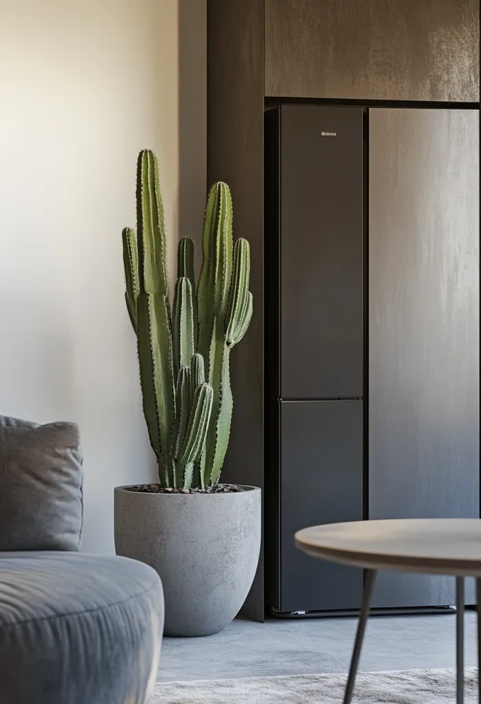 A large potted cactus stands next to a black refrigerator in a modern, minimalist living space. The cactus has long, slender stems with sharp spines and is planted in a round, concrete planter. A grey sofa and a small, round coffee table are also visible in the image, creating a serene and stylish atmosphere. The muted colors and simple lines create a sense of tranquility and sophistication.