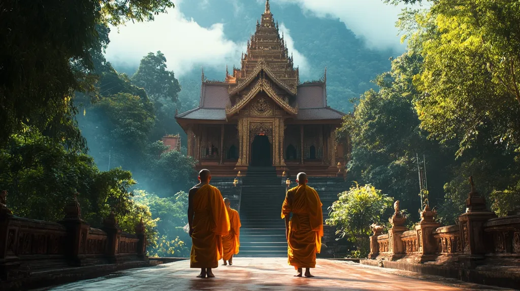 Three Buddhist monks in saffron robes walk towards a golden temple. The temple is surrounded by lush greenery and a stone bridge. The air is misty, creating an ethereal atmosphere. The scene evokes a sense of peace and tranquility, reflecting the serene beauty of Buddhist practices.
