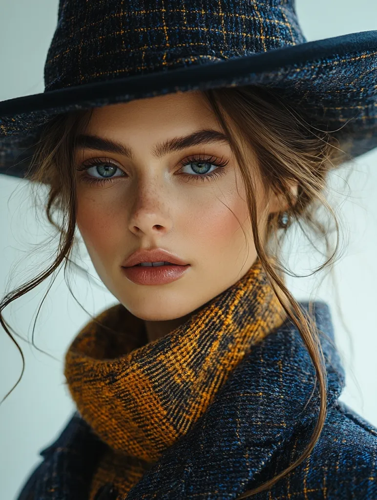 A young woman with long brown hair and bright blue eyes is wearing a large, black and blue plaid hat. She is looking directly at the camera with a serious expression. She is also wearing a dark blue coat with a matching plaid pattern and a yellow and black plaid scarf. The image is taken in a close-up portrait style, focusing on the woman's face and her clothing. The background is a simple white, allowing the woman and her clothing to be the focal point.
