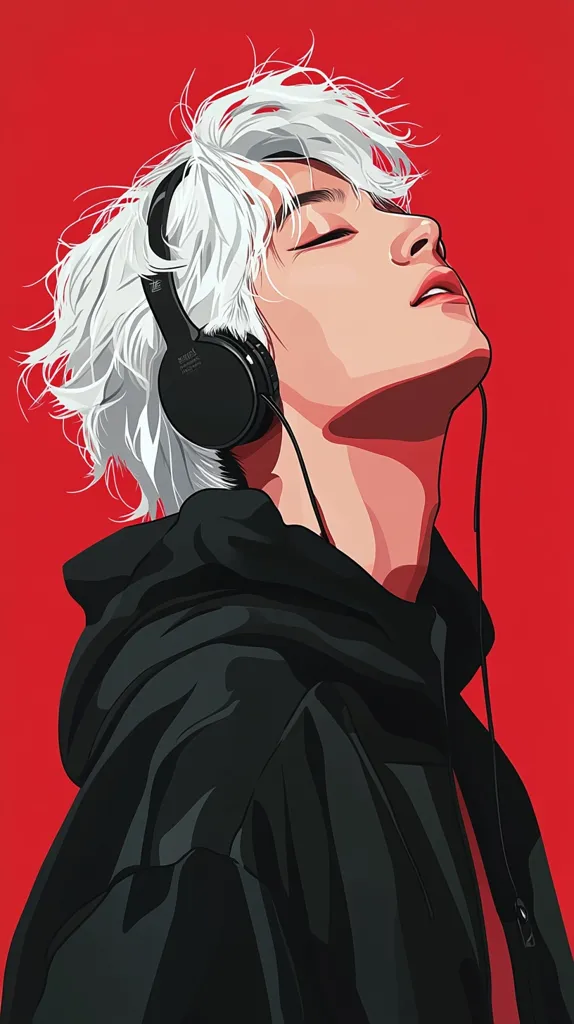 A young man with white hair and a black hoodie is listening to music with headphones. He is looking up with his eyes closed, seemingly enjoying the music. The background is a solid red color. The image is drawn in a minimalist, anime style.