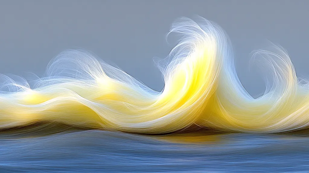 The image depicts an abstract representation of a wave, rendered in delicate lines of light yellow and white, suggesting a sense of movement and fluidity. The wave crests against a backdrop of a muted blue, creating a serene and ethereal atmosphere. The composition is simple yet captivating, emphasizing the graceful flow of the wave and the subtle interplay of light and shadow.