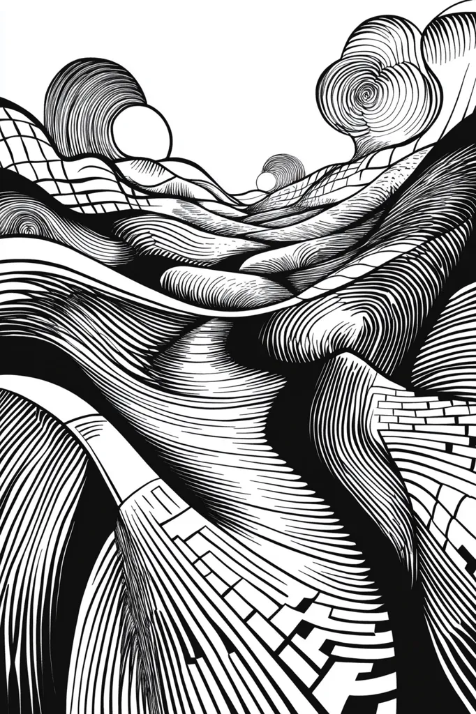 The image is a black and white illustration of a landscape with swirling hills and clouds. The artist used thick lines and patterns to create a sense of depth and movement. The hills appear to be made of stacked layers of stone, while the clouds are swirling and chaotic. The overall effect is one of abstract beauty and dynamic energy.