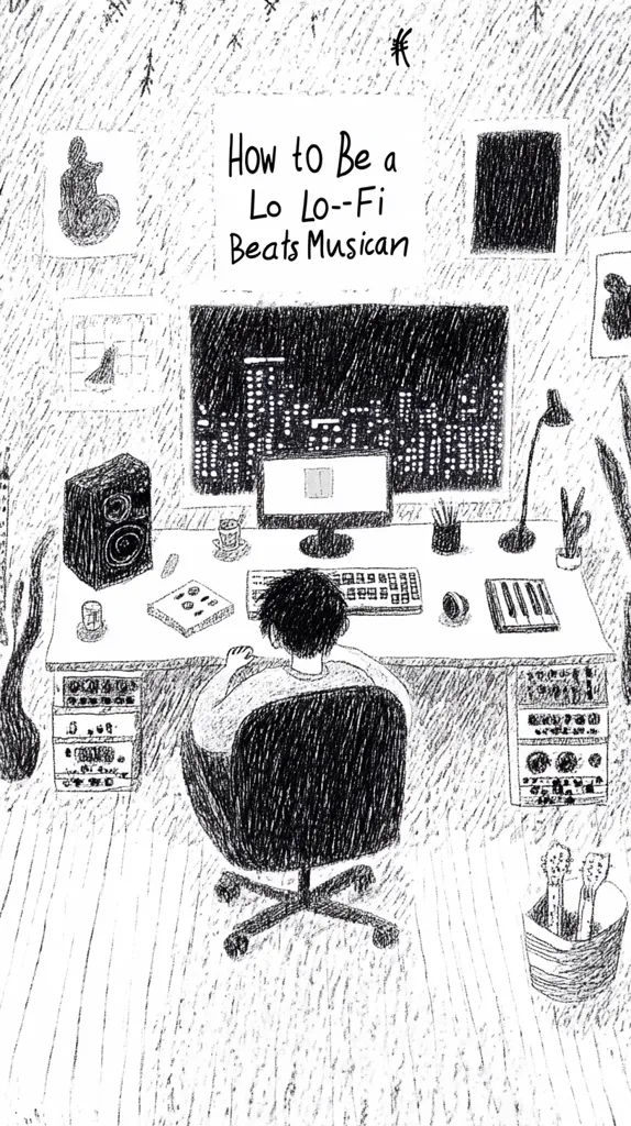 The image is a black and white illustration of a music studio. A person sits in a chair in front of a computer, likely making beats.  The computer screen shows a cityscape at night. There are various audio equipment and instruments on the desk. A title above the computer says "How to Be a Lo Lo-Fi Beats Musician". The drawing is done with rough, expressive lines, making it look like a hand-drawn sketch. The composition focuses on the person in the chair, emphasizing the creative process of making music. The overall tone is casual and playful.