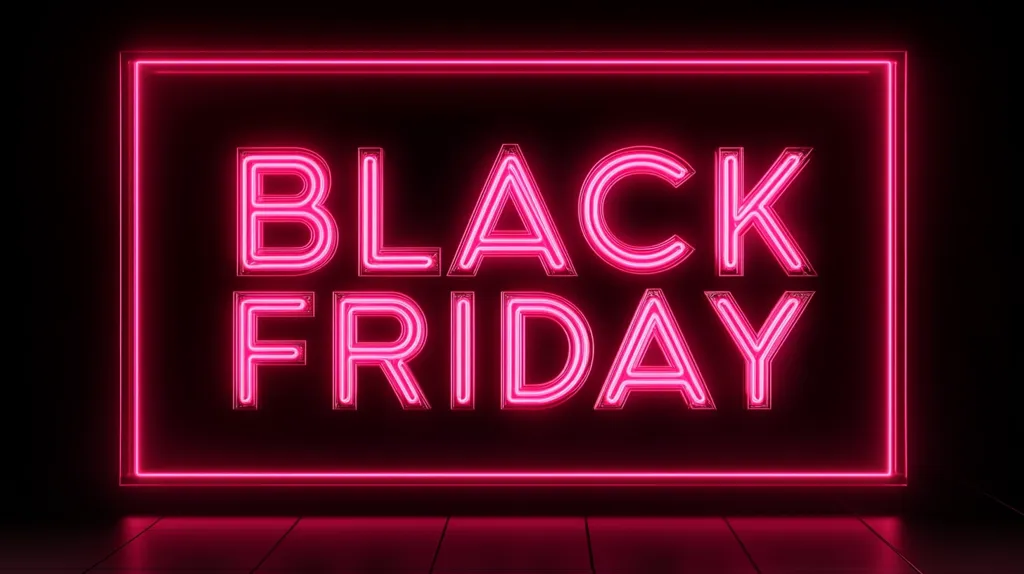 The image depicts a bright pink neon sign that reads "BLACK FRIDAY" in bold, double-lined letters. The sign is set within a rectangular frame, casting a subtle glow on the black background and the tiled floor beneath it. The image captures the excitement and anticipation associated with the Black Friday shopping event.