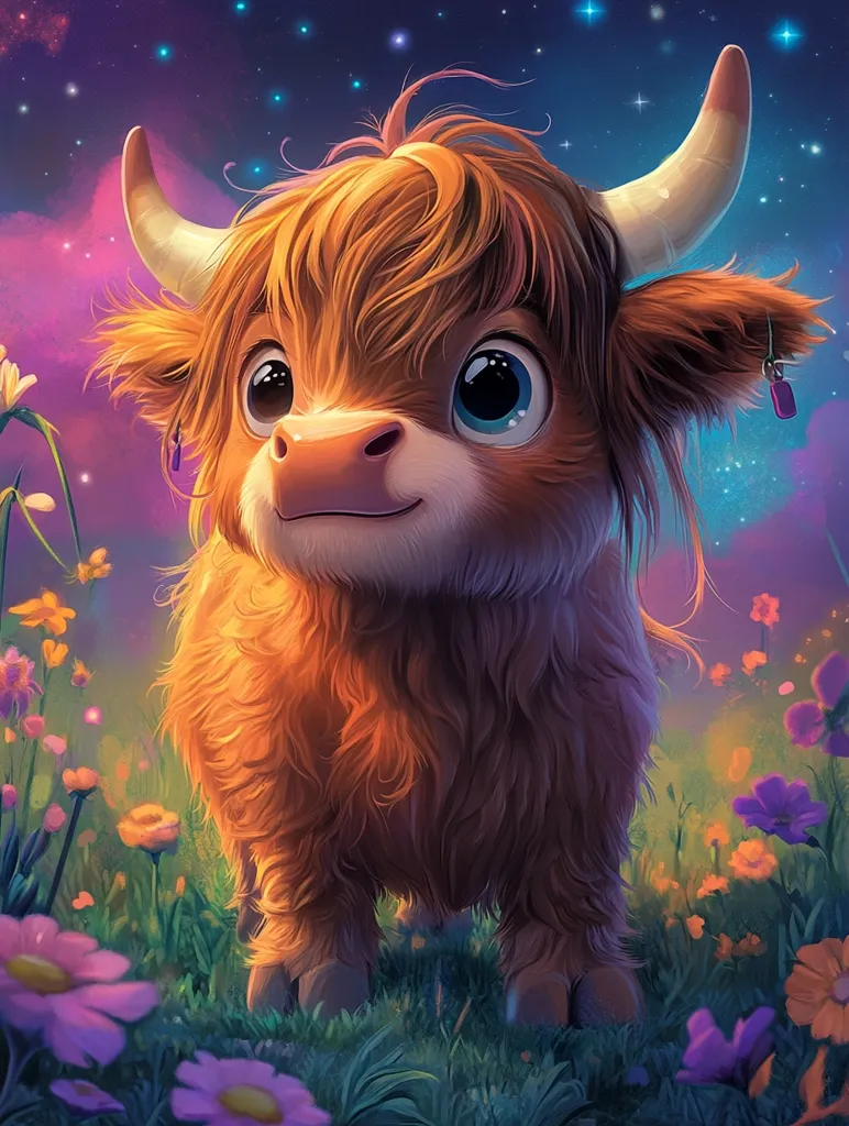 A cute, cartoon-style Highland cow with large, expressive eyes stands in a field of flowers.  The sky behind is a vibrant purple with a scattering of white stars. The cow is a warm brown with soft, fluffy fur and a gentle expression.  The flowers are a mix of pink and yellow, adding a touch of color to the scene. The image evokes a sense of innocence and tranquility.