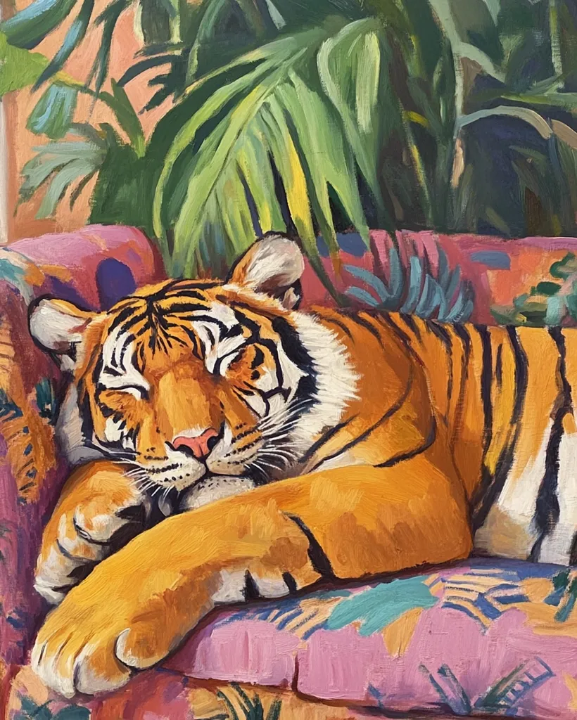 A large, orange tiger with black stripes is sleeping on a pink and green patterned couch. Its head is resting on its paw. Lush green leaves and branches from a palm tree are behind the tiger. The painting is done in a realistic style with bold colors.
