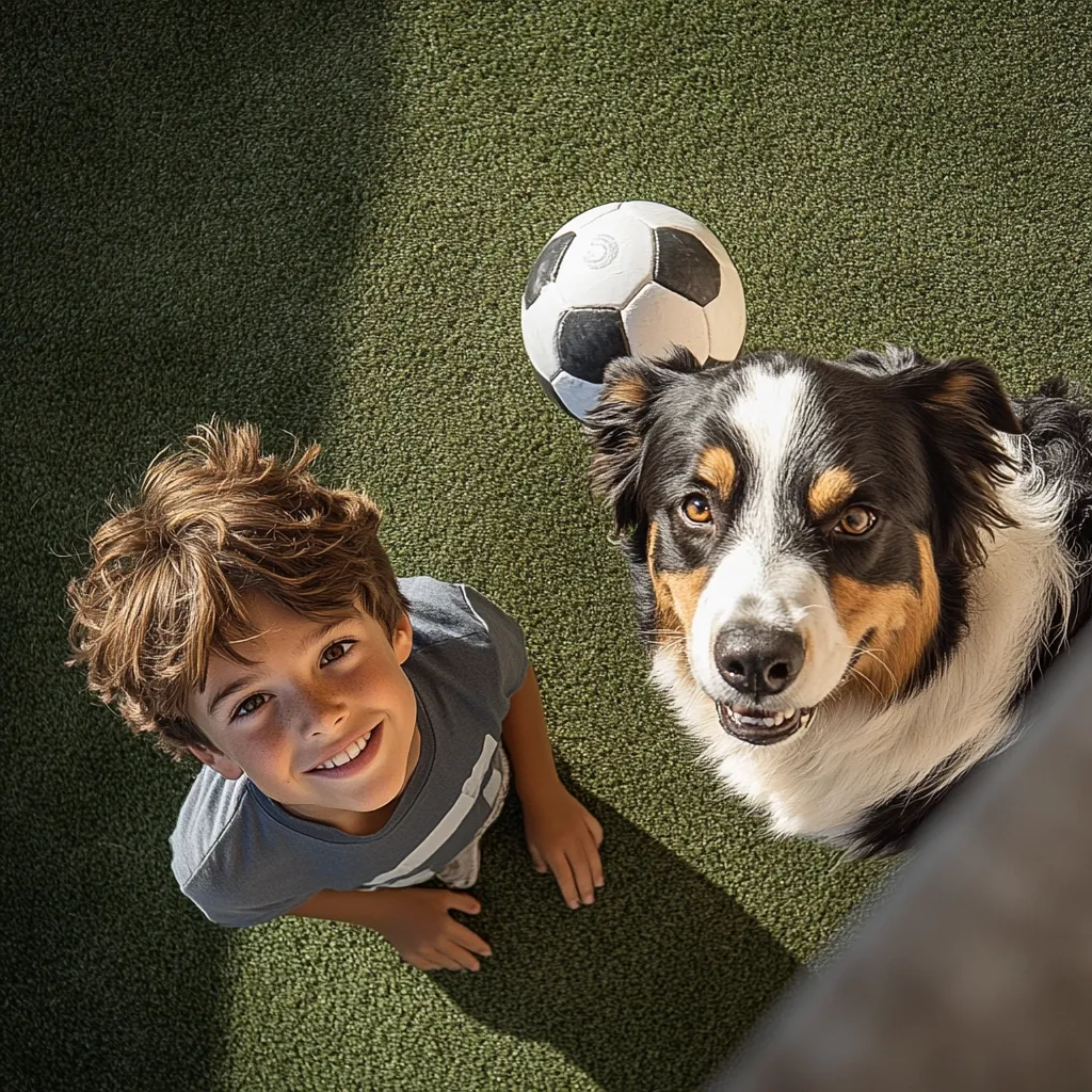 A young boy with brown hair and a blue shirt sits on a green carpet with a black and white dog. The boy is looking up at the camera with a big smile, while the dog is looking at the camera with a curious expression. A soccer ball is lying between them, and it appears as though they are playing a game of catch.  The photo is taken from a high angle, creating a sense of playfulness and excitement.