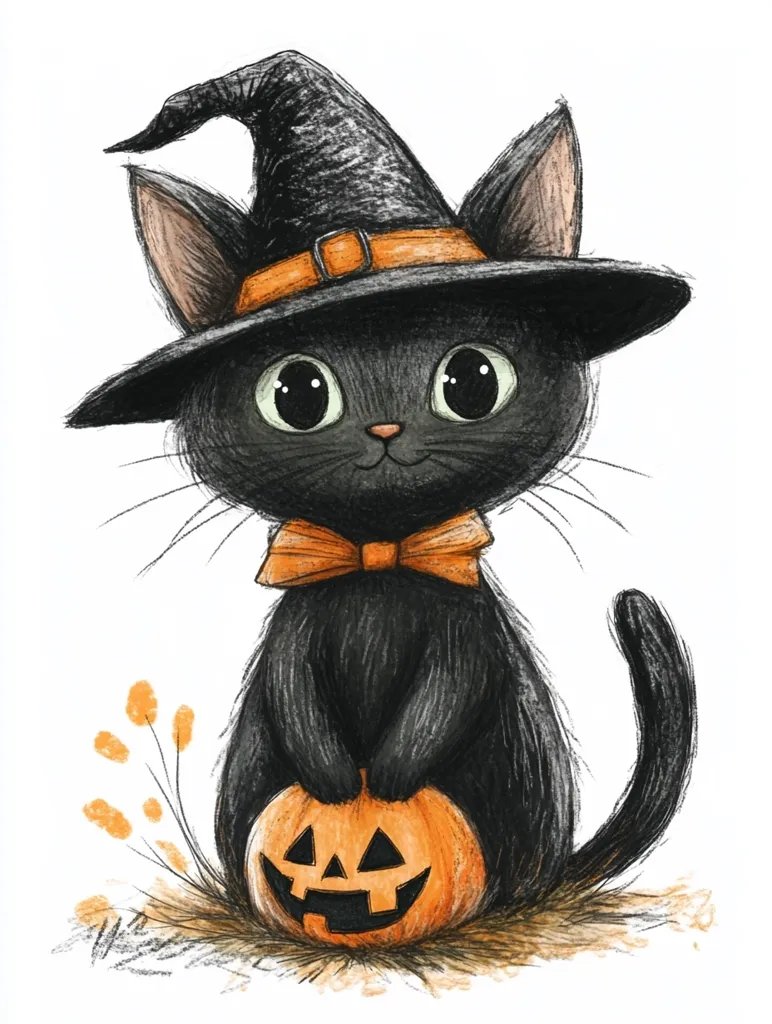 A black cat with large, round eyes is wearing a witch's hat with an orange band and a matching bow. The cat is sitting on a carved pumpkin with a mischievous grin. The scene is painted in a cartoon style with a whimsical, festive vibe.  The cat's fluffy tail is curled to one side.  The cat is surrounded by a few small twigs and leaves.