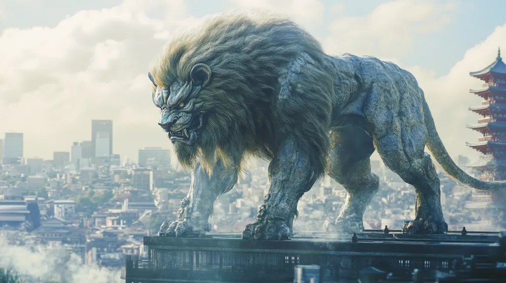 A colossal, stone lion stands majestically atop a rooftop, its immense form dwarfing the city below. Its  fierce expression and powerful physique convey a sense of ancient power and dominance. The  cityscape, with its towering buildings and distant temples, serves as a backdrop to this awe-inspiring  creature. The cloudy sky and hazy atmosphere add to the sense of mystery and grandeur.
