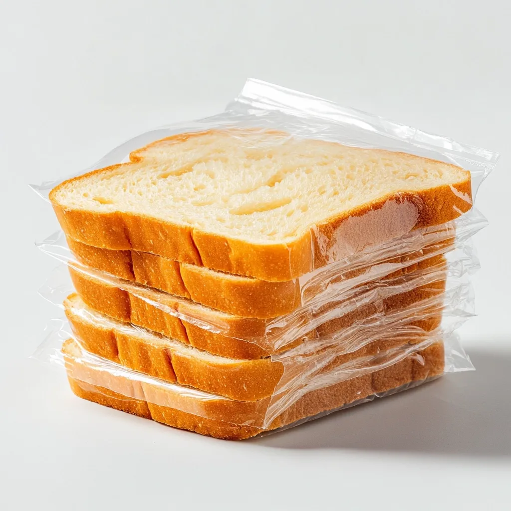 A stack of four slices of white bread is wrapped in clear plastic. The bread is soft and fluffy, with a slight golden hue. The plastic wrap is tightly sealed around the bread, keeping it fresh and protected. The bread is positioned on a plain white background.  The image is a simple yet effective depiction of a common food item.