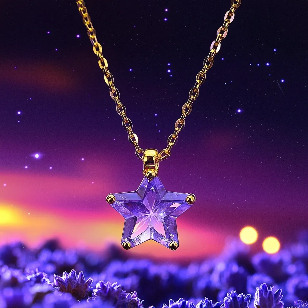 A delicate gold chain with a sparkling, purple star-shaped pendant hangs against a dreamy purple sky. The star shines brightly, reflecting the soft glow of a setting sun. The background is a field of purple flowers, adding to the magical ambiance.  The image evokes a sense of wonder and celestial beauty.