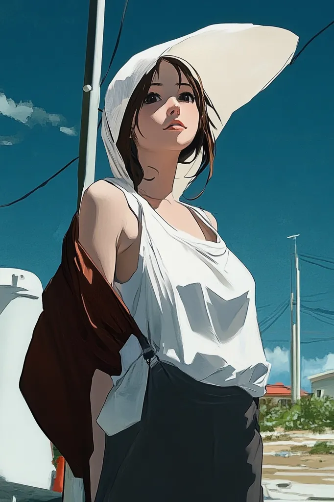 The image is an anime style portrait of a young woman with long brown hair. She is wearing a white tank top, black pants, and a white hooded garment. She is standing in front of a blue sky with white clouds and a streetlight pole behind her. She is looking up to the right. The image is drawn in a stylized, semi-realistic style.