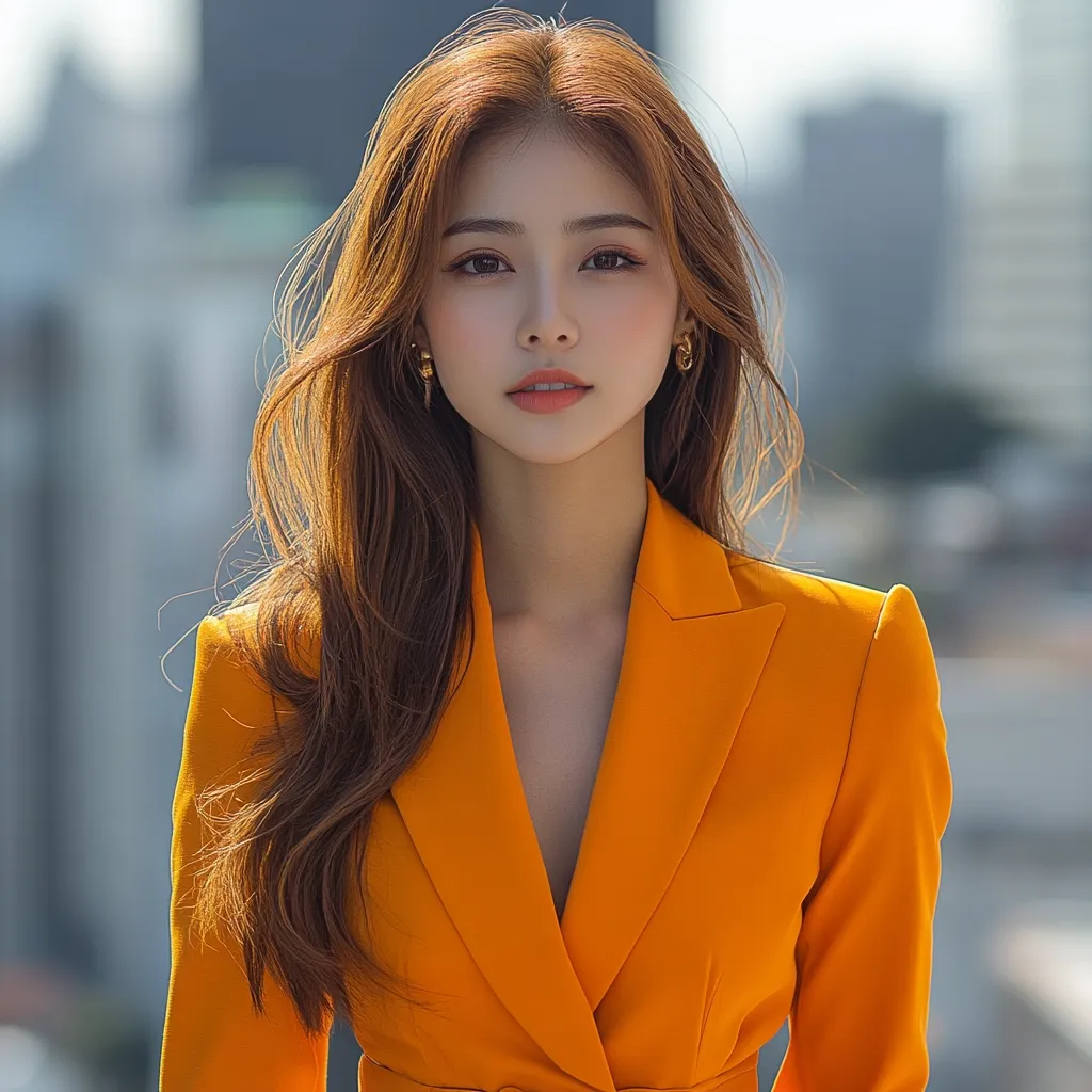 A young woman with long brown hair is wearing a vibrant orange blazer. She has a soft smile on her face and her hair falls around her shoulders in loose waves. The background is blurred, focusing attention on the subject. She has delicate features and wears small gold earrings. The image has a soft, natural light.