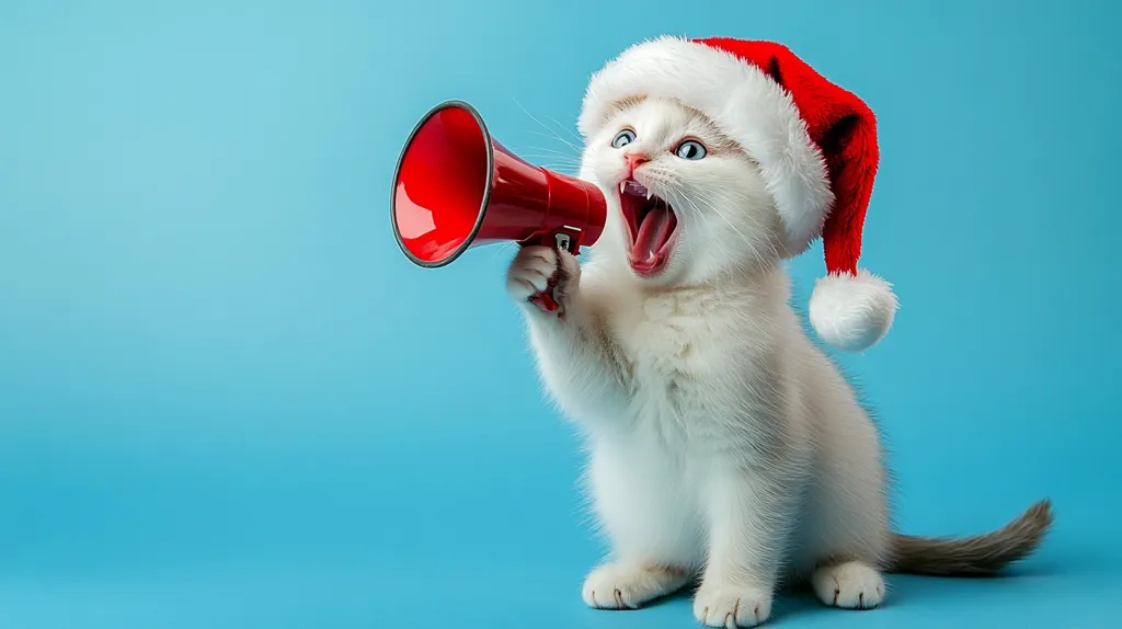 A white kitten wearing a Santa hat is holding a red megaphone and yelling with its mouth wide open. It is sitting on a blue background. The kitten's eyes are wide and blue. It looks like it is trying to make an announcement.