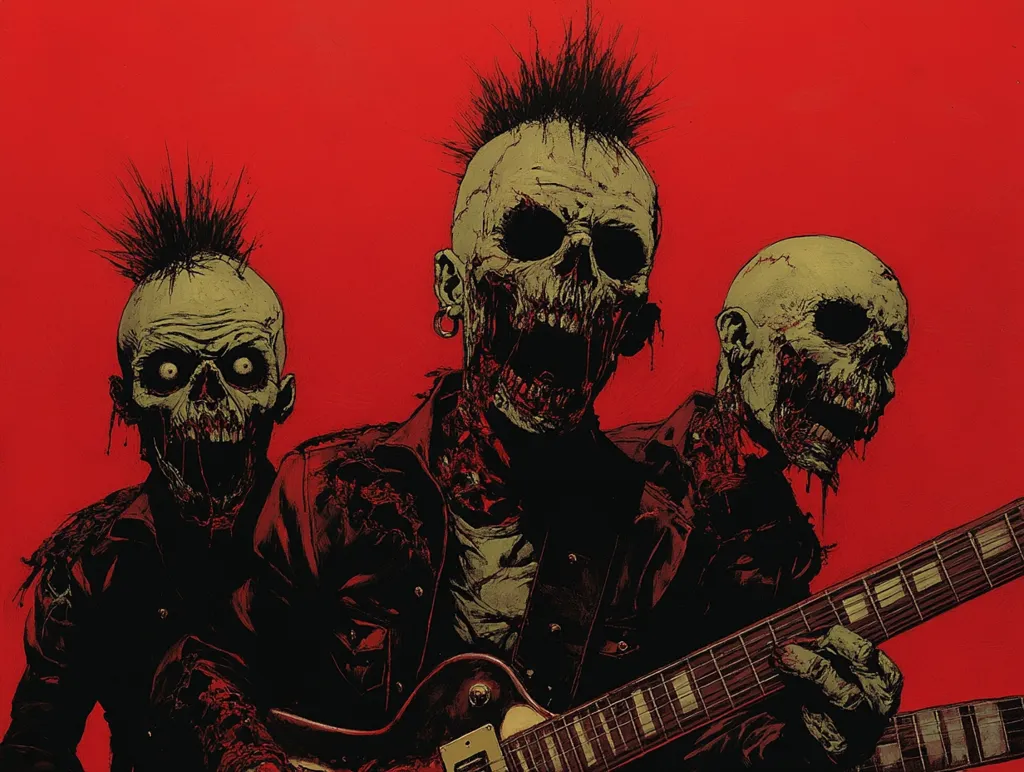 Three zombie-like figures with spiky hair, wearing leather jackets and playing electric guitars. The central figure is the most prominent, with a wide-open mouth and a sinister expression. The background is a solid red, giving a sense of intensity and danger. The image evokes a sense of dark humor and a macabre fascination with the undead.